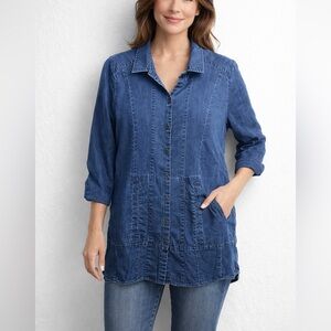 Soft Surroundings Blue Denim Button Front Tunic Shirt Women’s Medium Chambray